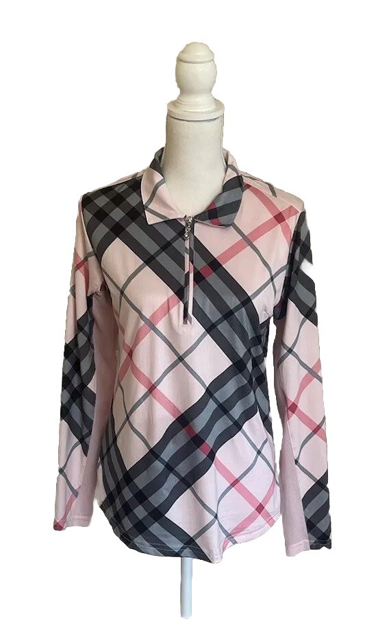 San Soliel Pullover Polo, Women's Medium, Pink Argyle Plaid Shirt