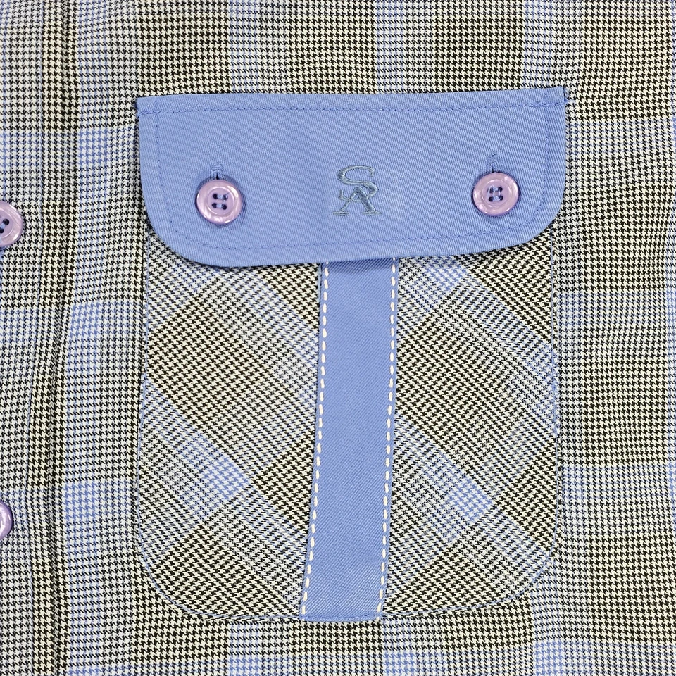 Stacy Adams Button Shirt Mens M Blue Shadow Plaid Classic Retro Dress Casual - Image 4 of 4