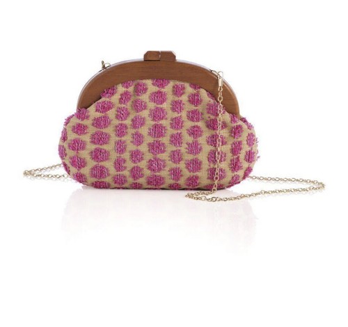 Clutch Purse Boho Artsy Beige Pink Wooden Convertible Crossbody Magnetic Closure - Picture 2 of 9