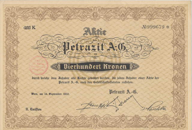 Share Petrazit A.G. four hundred crowns Vienna 1922-