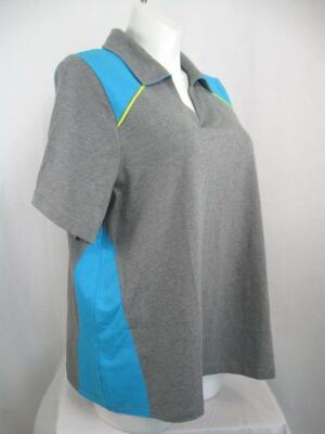 Catherines Size 1X (Petite) SS V-Neck Color Block Gray/Turquoise Top w/Collar
