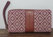 Fossil Jori Zip Clutch Wristlet RFID Wallet Leather Fabric Red White Brown NWOT