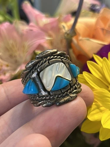 VTG Navajo OldPawn Native American Carved Turquoise MOP Sterling Silver Ring 9.5
