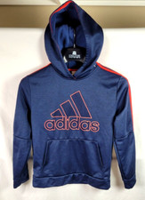 Adidas Boys Hooded Sweatshirt Size L 14/16 Blue Red Logo Stripes Hoodie