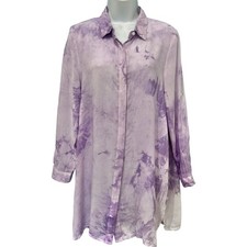 MinkPink Purple White Tie Dye Button Up Long Sleeve Blouse Tunic Top Size S