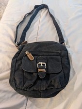 Black canvas shoulder bag with brown faux leather accents