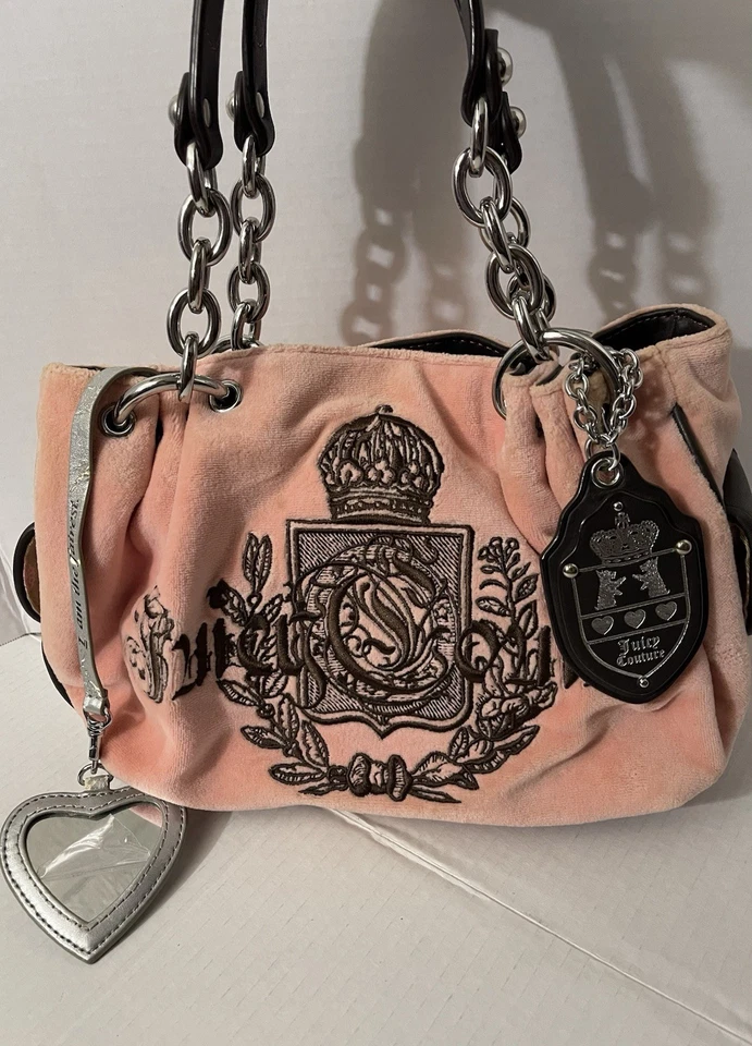 Bolso de mano de terciopelo Y2K RARO JUICY COUTURE rosa/marrón cadena asas encanto Foto 2 de 4