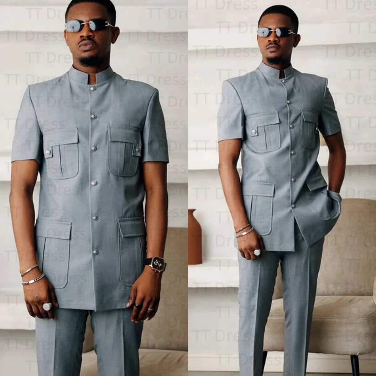 Casual 2 Pcs Safari Jackets Men Suit Short Sleeves Prom Tuxedos Summer Wear
Opens in a new window or