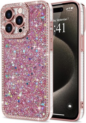 iPhone 15 Pro Max Case Glitter, Luxury Shiny Bling Sparkly Bumper Cover, Pink