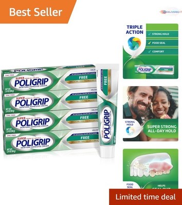 Denture Adhesive Cream Strong Hold Food Seal Comfort Zinc-Free 2.4 oz 4 Pack