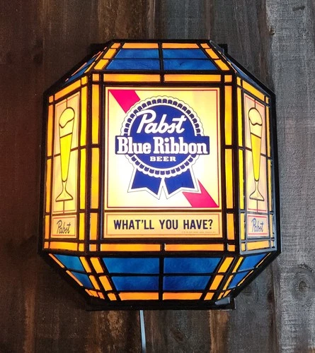 Vintage Pabst Blue Ribbon Stained Glass Lighted Lantern Beer Sign 17" X 15" 80'S
