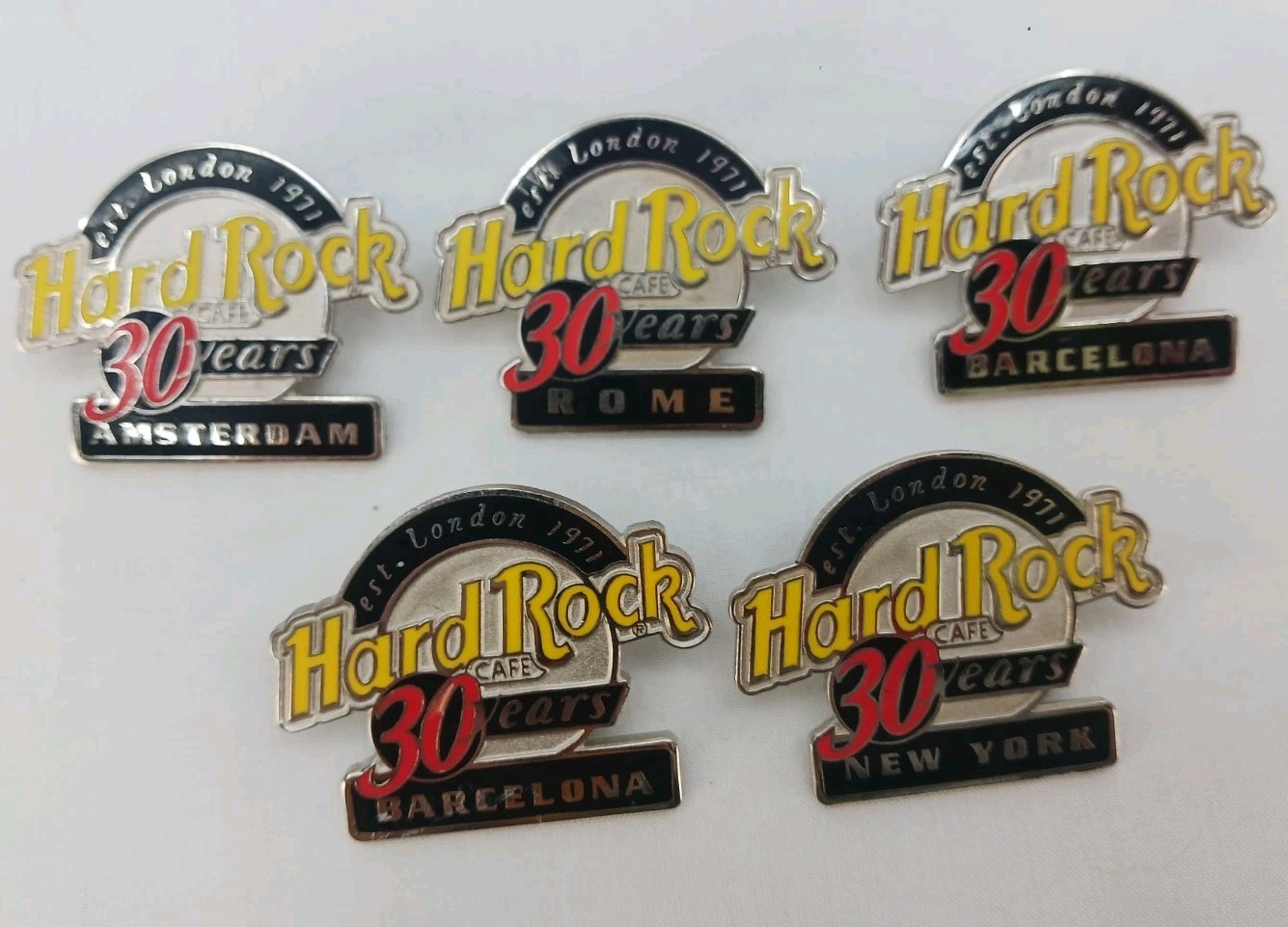 Prendedor esmaltado Hard Rock Café 30 años ¡Lote de 5 RARO! Roma, Barcelona, Nueva York, Ams