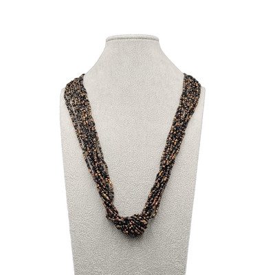 Black Brown Gold tone Seed Beads Necklace 10 Strands Knot Long 32''