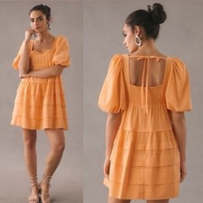 Anthropologie Peach Puff Sleeve Tiered Mini Dress XL Square Neck Cottagecore