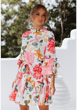 Women’s Floral Chiffon Rayon Ruffle Bell 3/4 Sleeve A-Line Mini Dress M