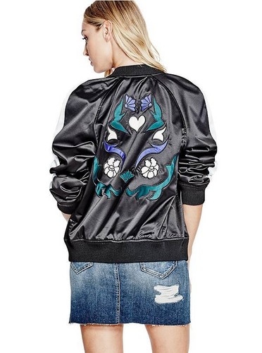 GUESS $128 Alia Embroidered back Bomber Jacket Black S 4 - Bild 1 von 4