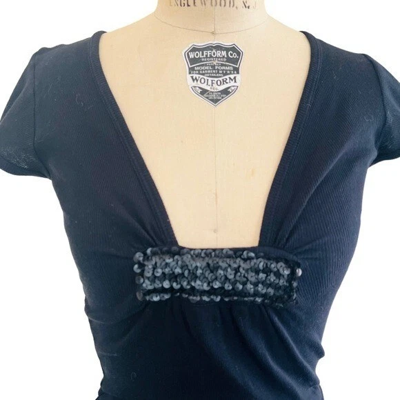LOVE from YA-YA V-Neck Ribbed Short Sleeve Top Matte Sequin Accent in Black S - Image 2 of 4