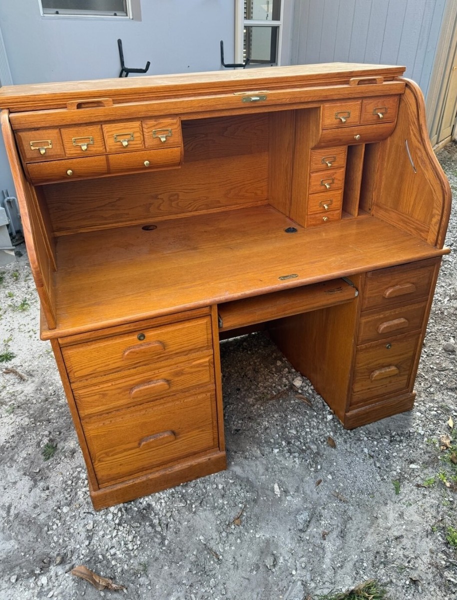 ヴィンテージ　ウィッカーデスク　パステル Winners Only Wooden Roller Desk Brown Solid Oak Lock and Key
