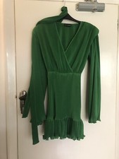 Pretty Little Thing 4 Green Plisse Mock Wrap Flared Sleeve, Frill Mini Dress