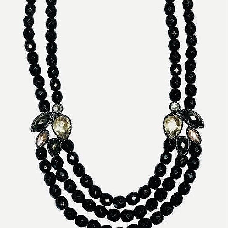 Black Rhinestone Layered Beaded Statement Necklac… - image 3
