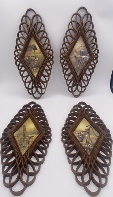 Vintage Burwood #1350 Diamond Shaped Wall Hanging Home Decor Plaques Set of 4 