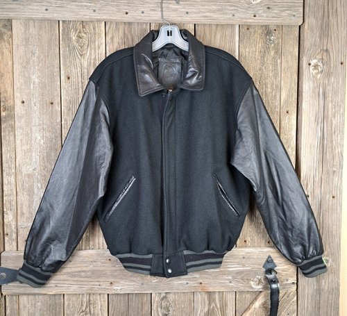 Vtg Golden Bear Bomber Jacket Mens Med Black Wool Leather Letterman Varsity USA
