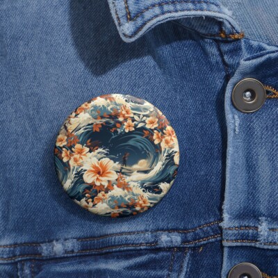 Pin Back Button Hawaiian Tropical Surf Beach Floral Aloha Ocean Waves Flowers