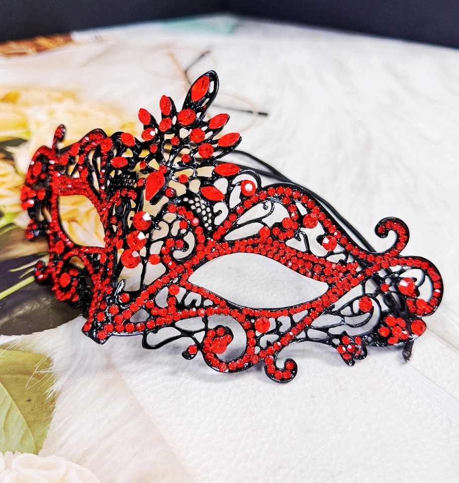 Máscara de cristal rojo, máscara negra, máscara de fiesta, máscara de boda Foto 2 de 4