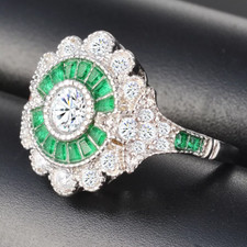 Elegant Luxury Floral Design White Simulated Sapphire  Green Emerald Women Ring