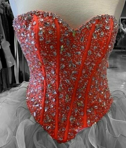 MORILEE by Madeline Gardner BRIGHT ORANGE AND HOT PINK GOWN SIZE  Quinceanera