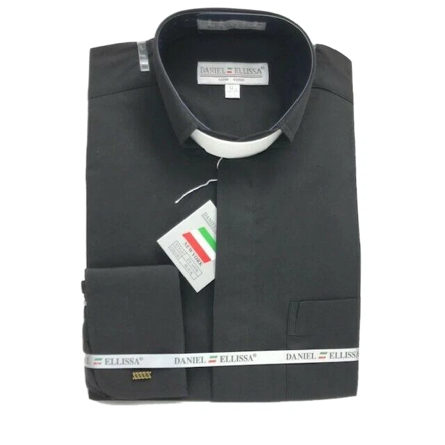 Camicia Daniel Ellissa uomo clero colletto a fascia nero bianco linguetta taglie 14,5 -22,5 - Immagine 4 di 4