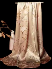 100% Silk mulberry Scarf Women shawl Wrap neckerchief floral beige coffee HD1-47