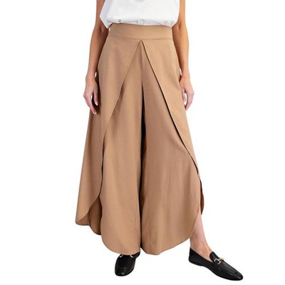 Easel Clothing Linen Blend Wide Leg Tulip Front Slit Pants - Latte Brown