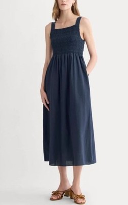 Everlane The Gauze Smocked Midi Dress Navy Blue Size S NWT