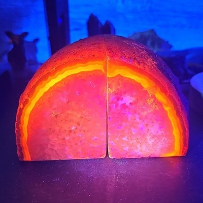 UV Reactive Pink Agate Geode Bookends   Dyed Druzy Crystal Bookend Pair   2.2 lb