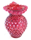 Vintage Fenton Cranberry Opalescent Hobnail Glass Vase Ruffled Crimped 6” Tall