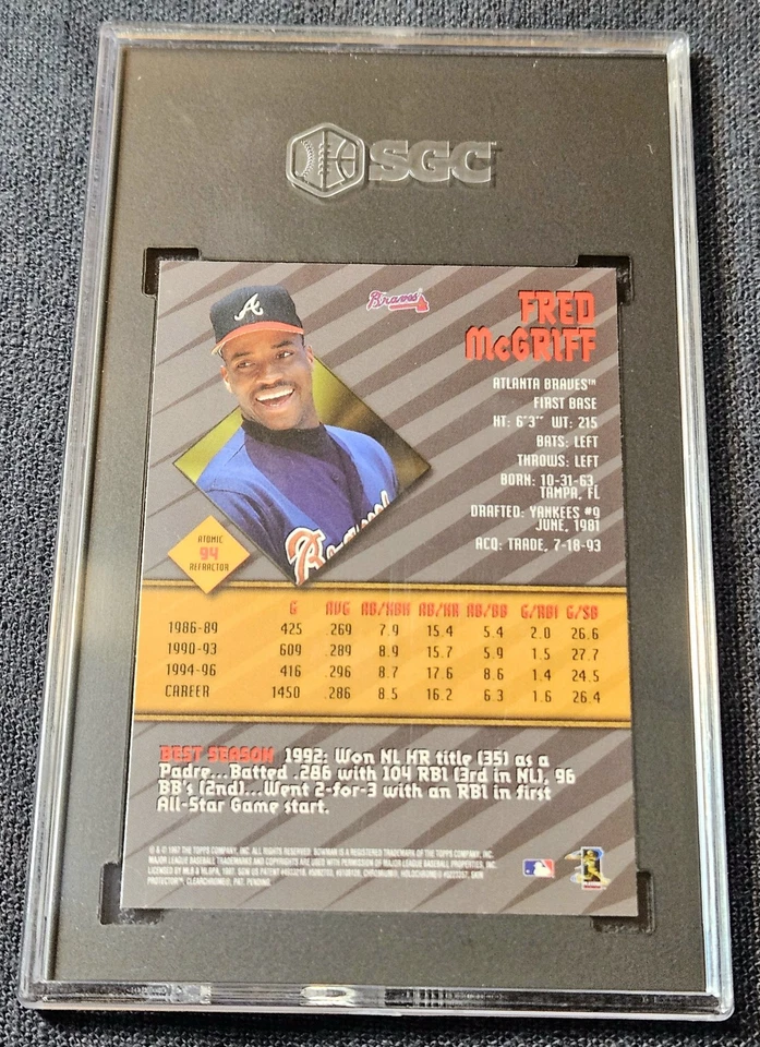 1997 Bowman's Best Atomic Refractor Fred McGriff #94 Braves SGC 7 - Image 2 of 2