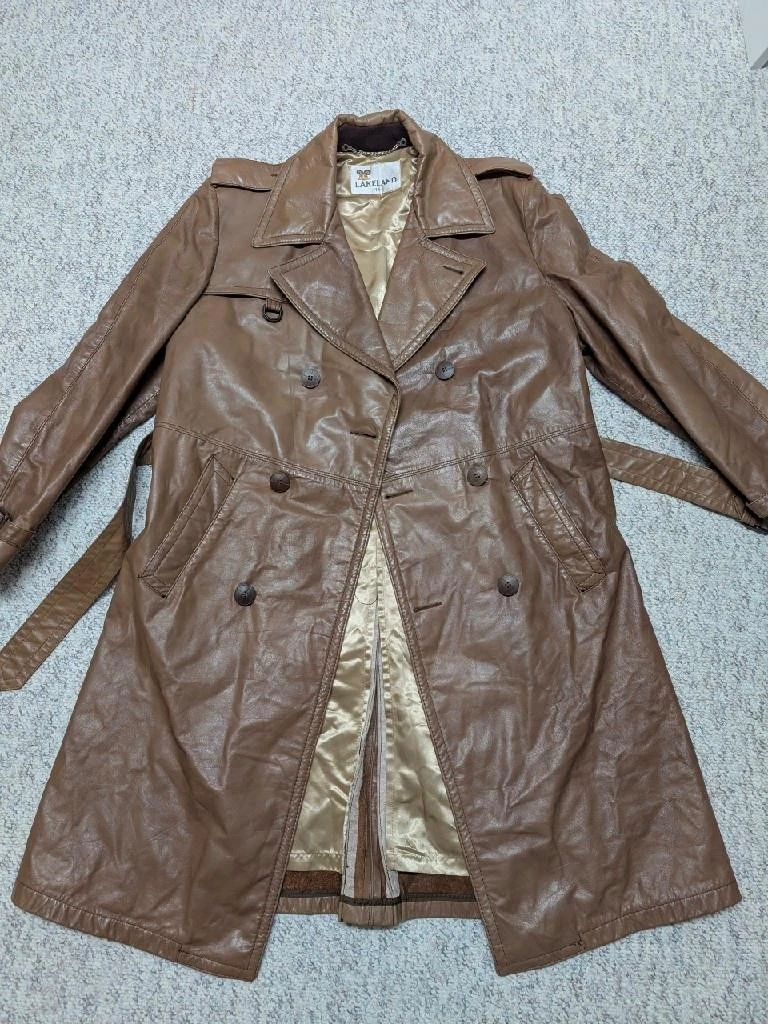 vintage USA made TRENCH COAT leather 42 sherlock BELTED double breasted M brown - product detail image 3