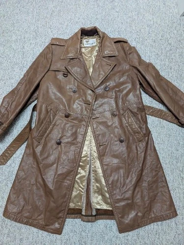 vintage USA made TRENCH COAT leather 42 sherlock BELTED double breasted M brown image 3