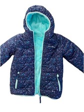 Eddie Bauer Girls Reversible Hooded Aqua Navy Print Kids Jacket XS 5/6