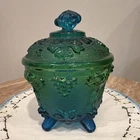Glass Candy Dish With Lid Jeanette Blue Green Four Footed Grape Leaf