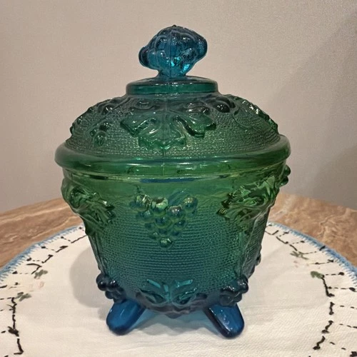 Glass Candy Dish With Lid Jeanette Blue Green Four Footed Grape Leaf