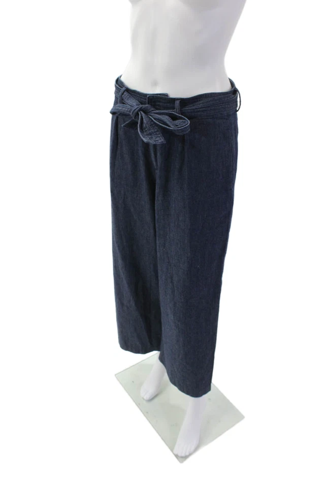 Joie Mujer Corbata Cinturón Lavado Oscuro Plisado Frontal Pierna Recta Pantalones Azul Talla 4 Foto 2 de 4