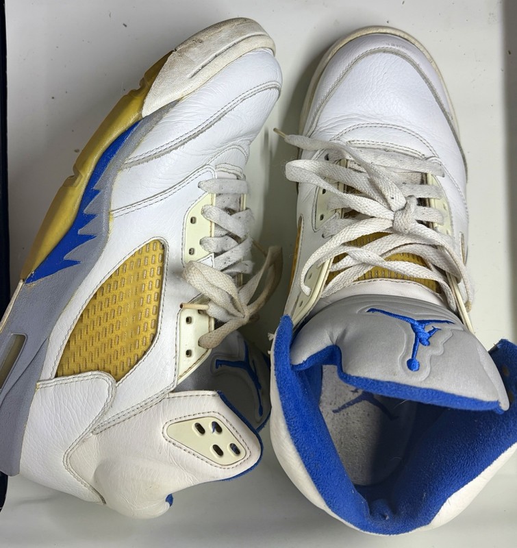 Air Jordan 5 Mid Top Leather Sneakers White/Blue/Yellow/Gray US 10.5 Laney