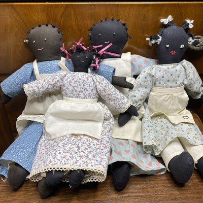 Vintage Folk Art Black Cloth Rag Dolls Lot of 4 Primitive Prairie Style OOAK