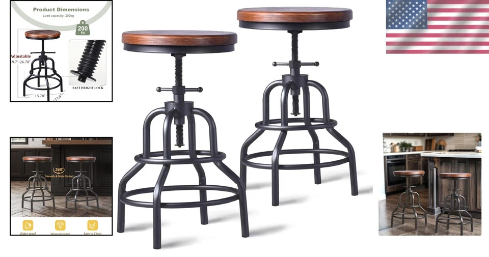 Industrial Wood Metal Bar Stools Set of 2 Adjustable Counter Height - Image 2 of 4
