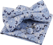 Mens Floral Pre Tied Bow Tie, Pocket Square and Cufflinks 052-light Blue/ Navy