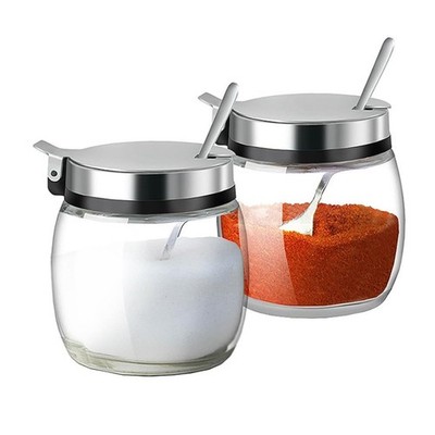 Hewnda 2Pcs Sugar Salt Container Set,8 oz glass jar with lid and spoon clear