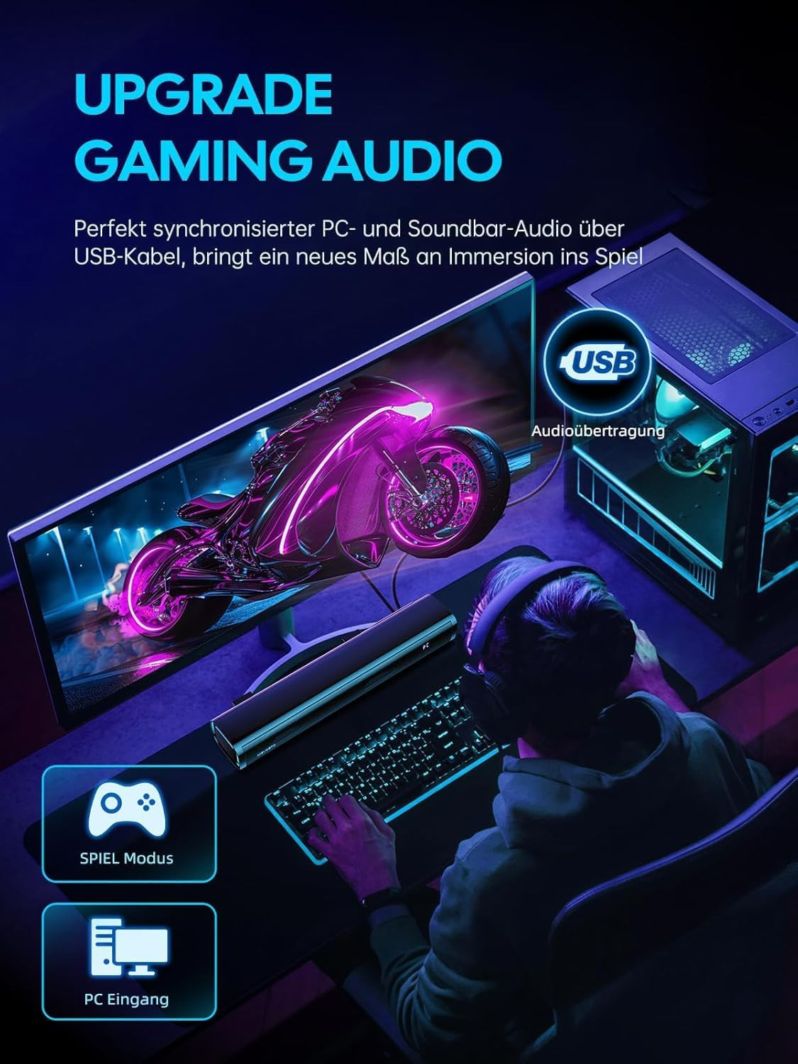 Mini barre de son TV et PC gaming 60W noire avec caisson de basse intégré - 2
