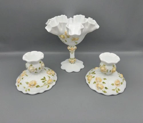 Vintage Milk Glass Vase & Pair of Candlestick Holders Set Fenton ? Yellow Flower